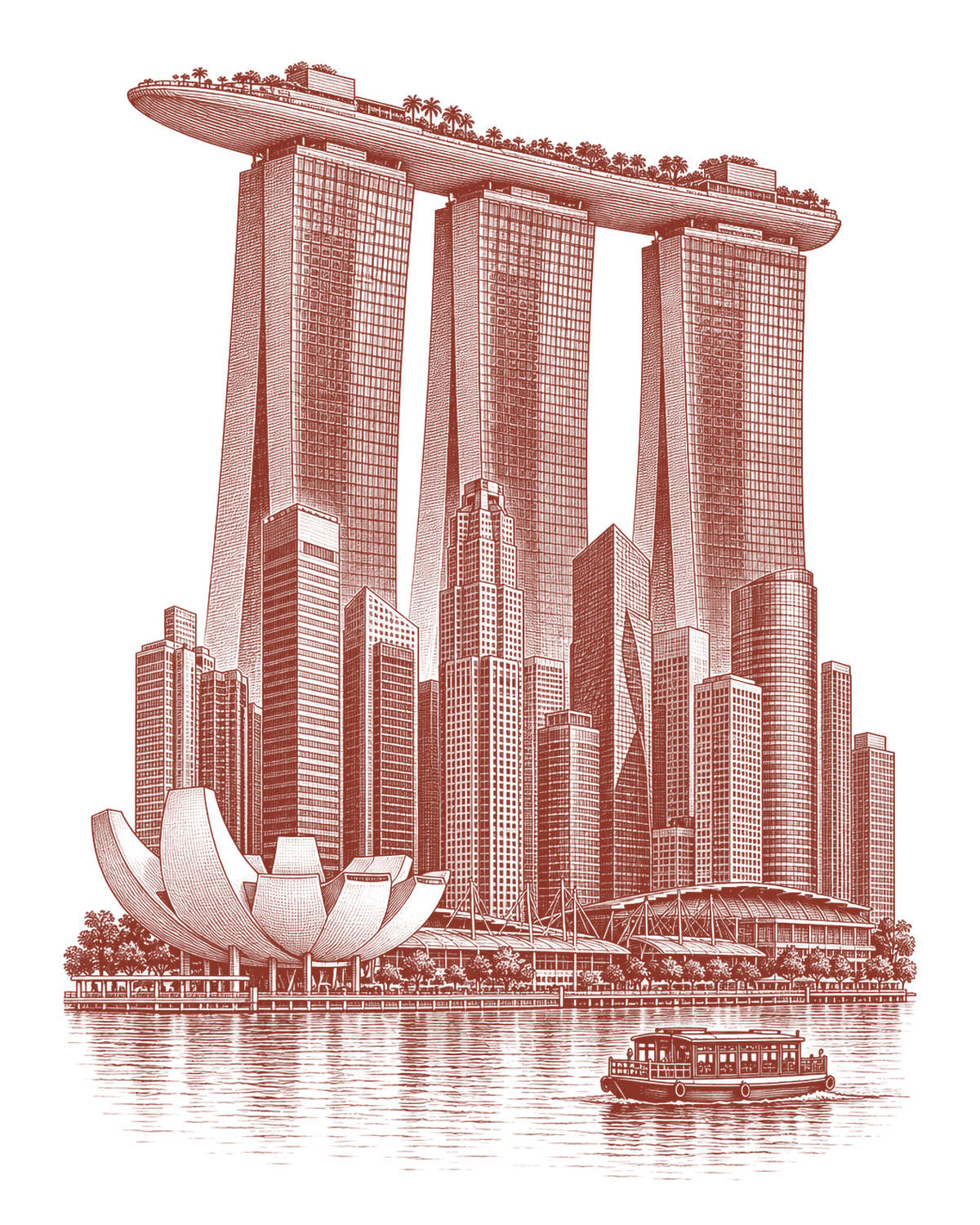 Oxblood engraving of Marina Bay Sands, its three towers and ship-shaped sky park above the Raffles Place towers and a waterfront promenade