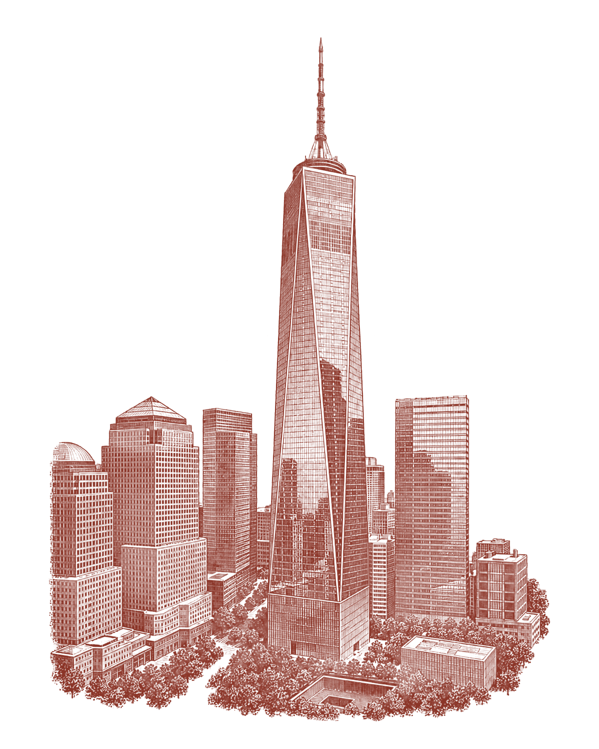 Oxblood engraving of One World Trade Center, its faceted tower and full spire rising above surrounding Lower Manhattan buildings