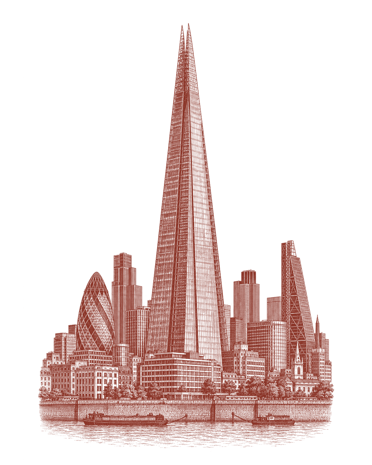 Oxblood engraving of the Shard, its tapering glass spire rising above the Gherkin, the Cheesegrater and the Thames embankment