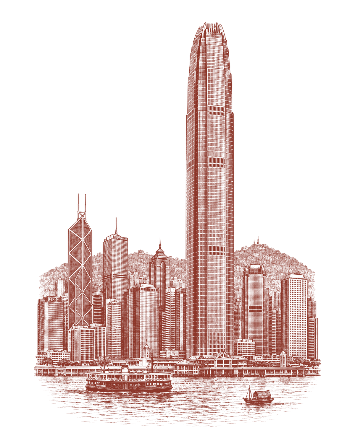 Oxblood engraving of Two International Finance Centre, its finned crown rising above the Bank of China Tower, Central Plaza and Victoria Harbour